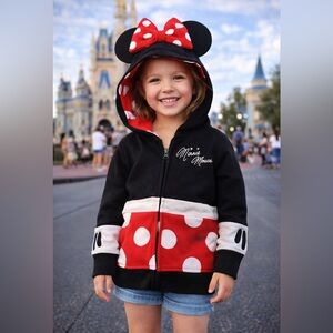 Disney Parks Minnie Mouse Hoodie XS 4/5 NWT Polka Dot Ears Bow Zip Up cosplay